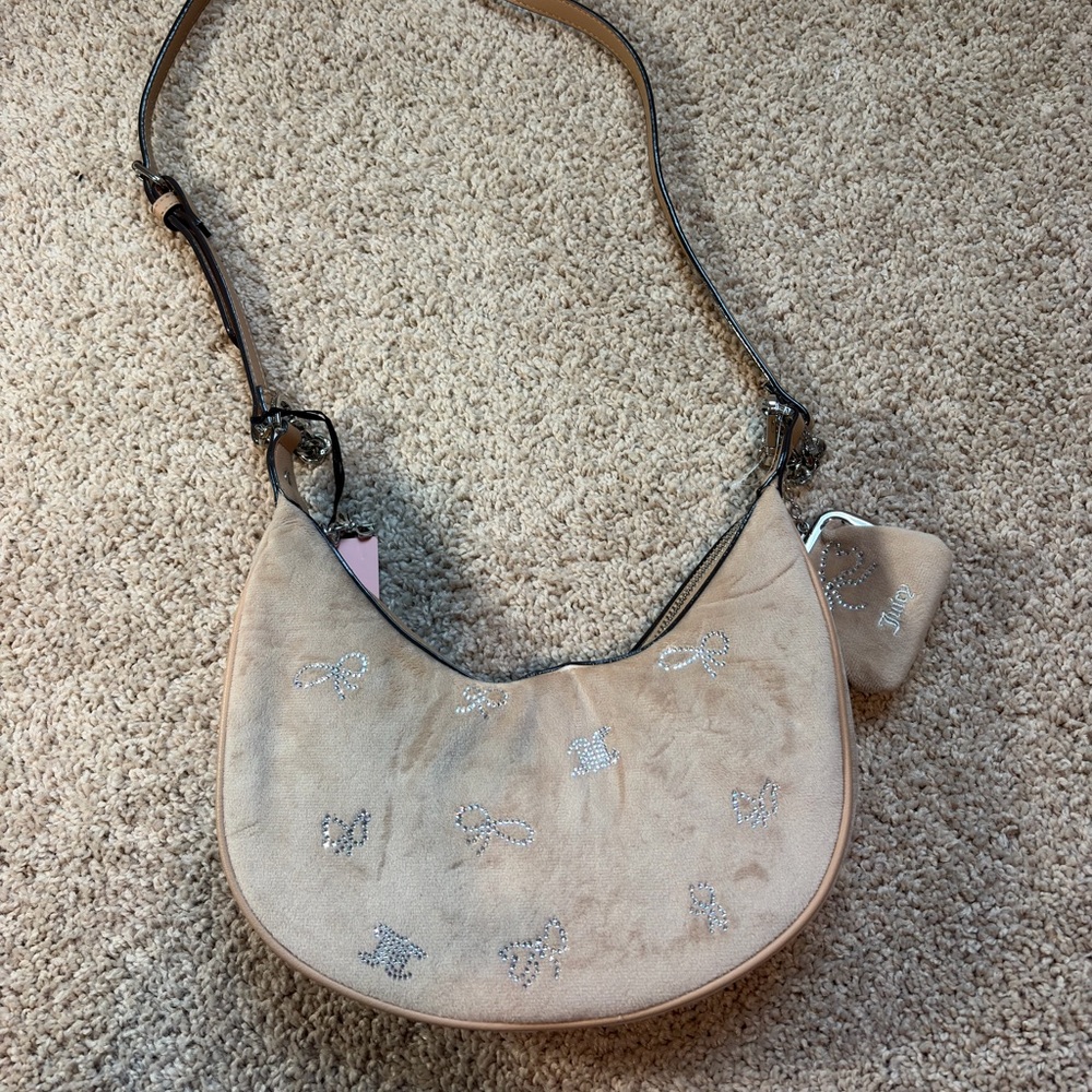 NWT Juicy Couture Velour Crescent Bag Rhinestone Bows Tan Beige Y2K Viral Pouch